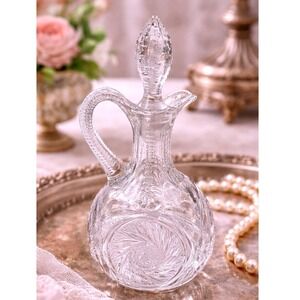 Vintage Aztec Glass Cut Oil Vinegar Cruet Decanter with Stopper by McKee 6.5"